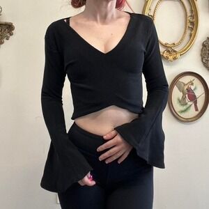 Cheryl Creations Vintage Y2K Goth Bell Sleeve Cropped Top S Black Nylon Lycra